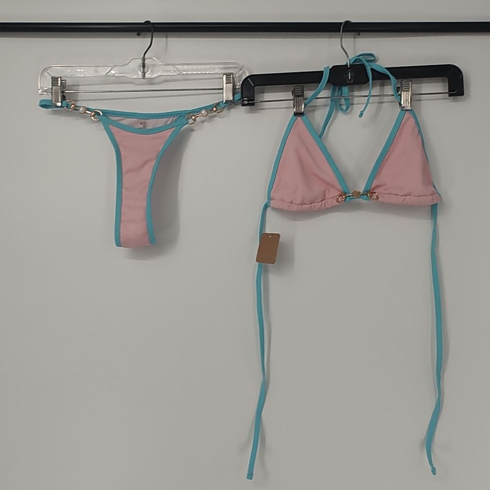 Chic Pink and Blue Thong Bikini Set Women's Medium